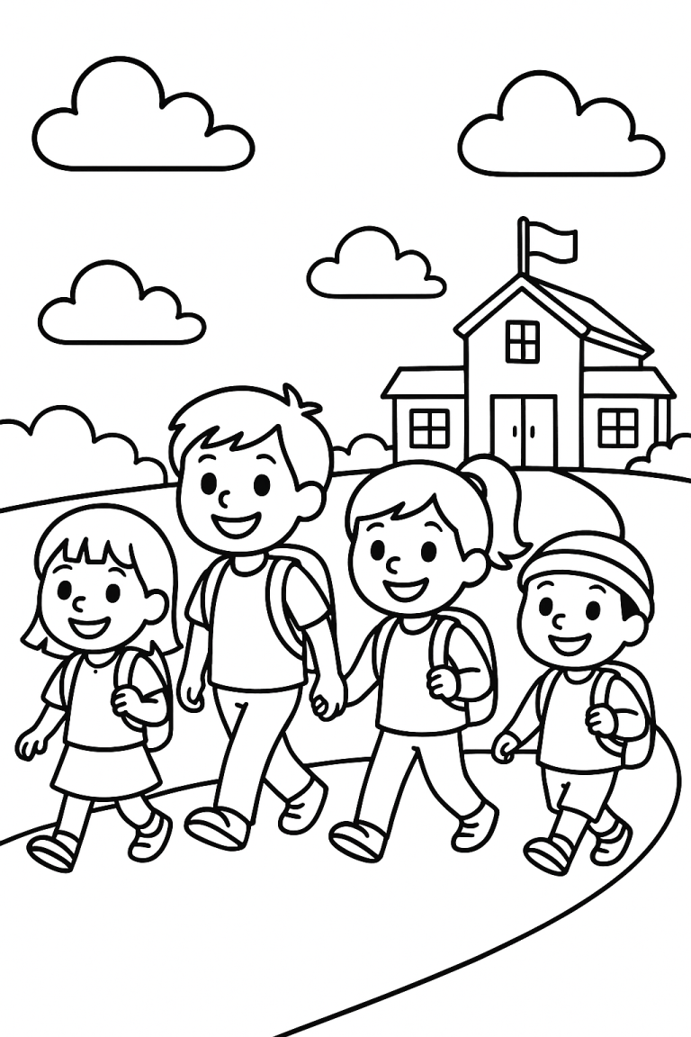 Children walking to school coloring page