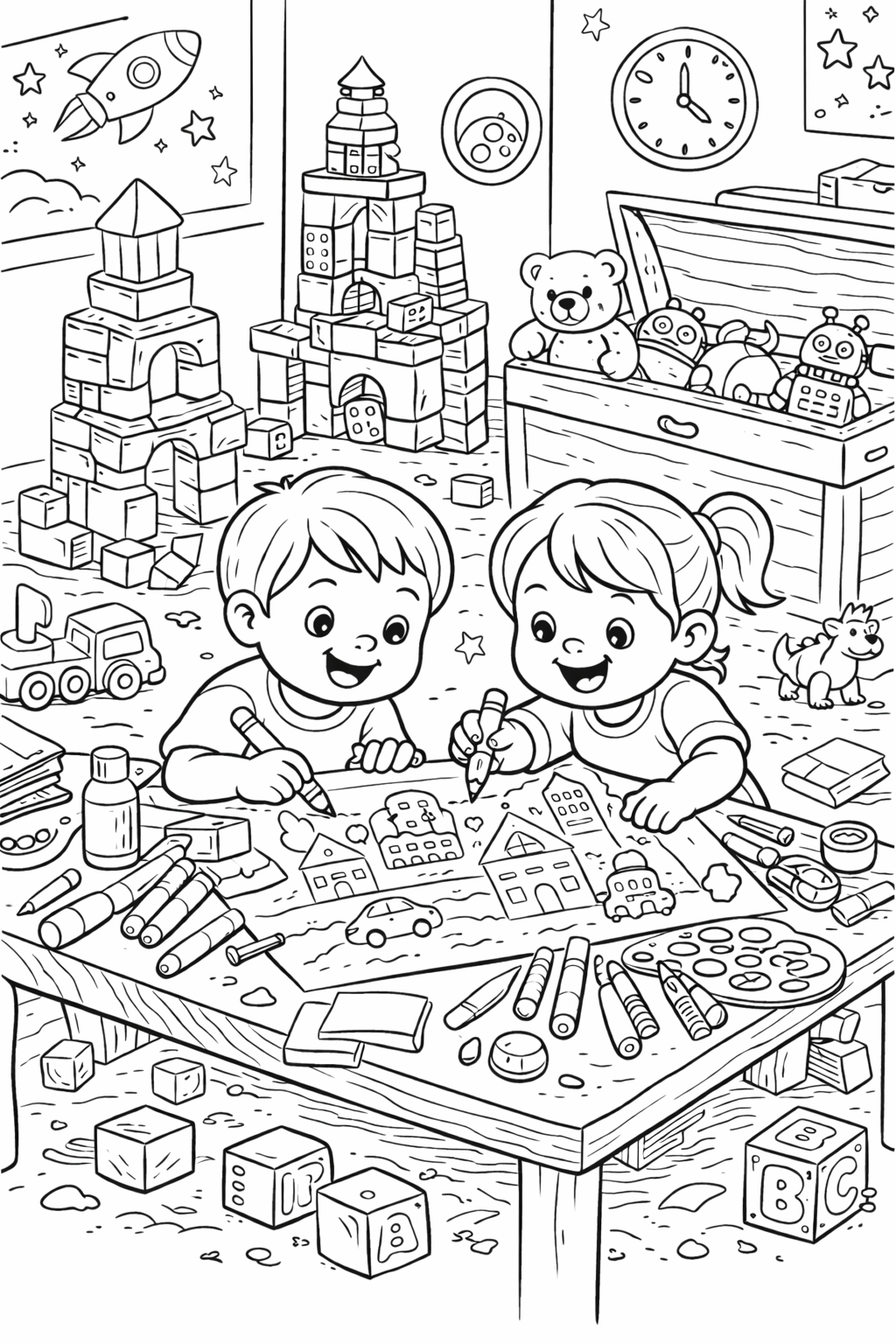 Children coloring and playing in a playroom with toys.