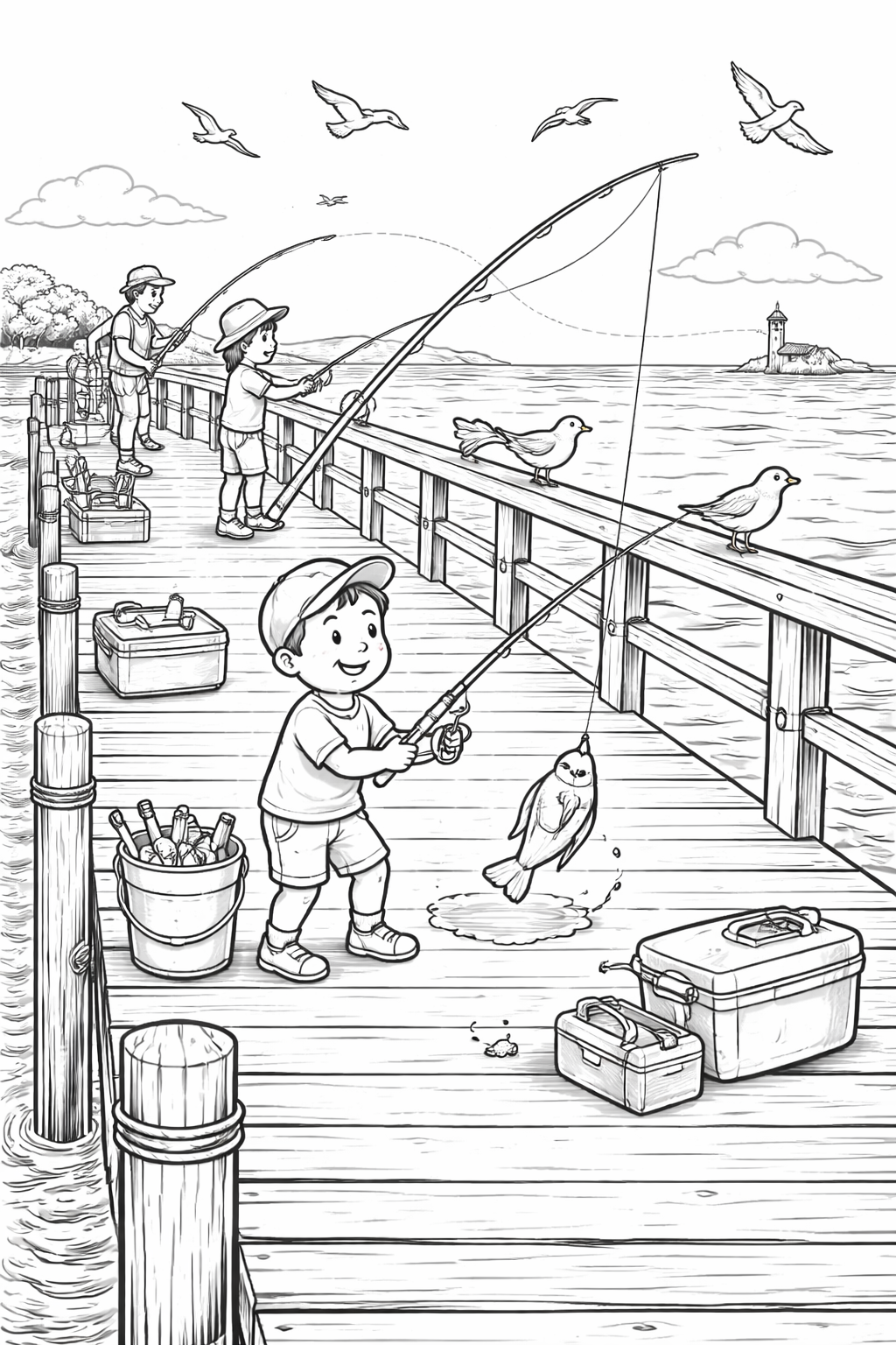 Children fishing from a pier in a coloring page.