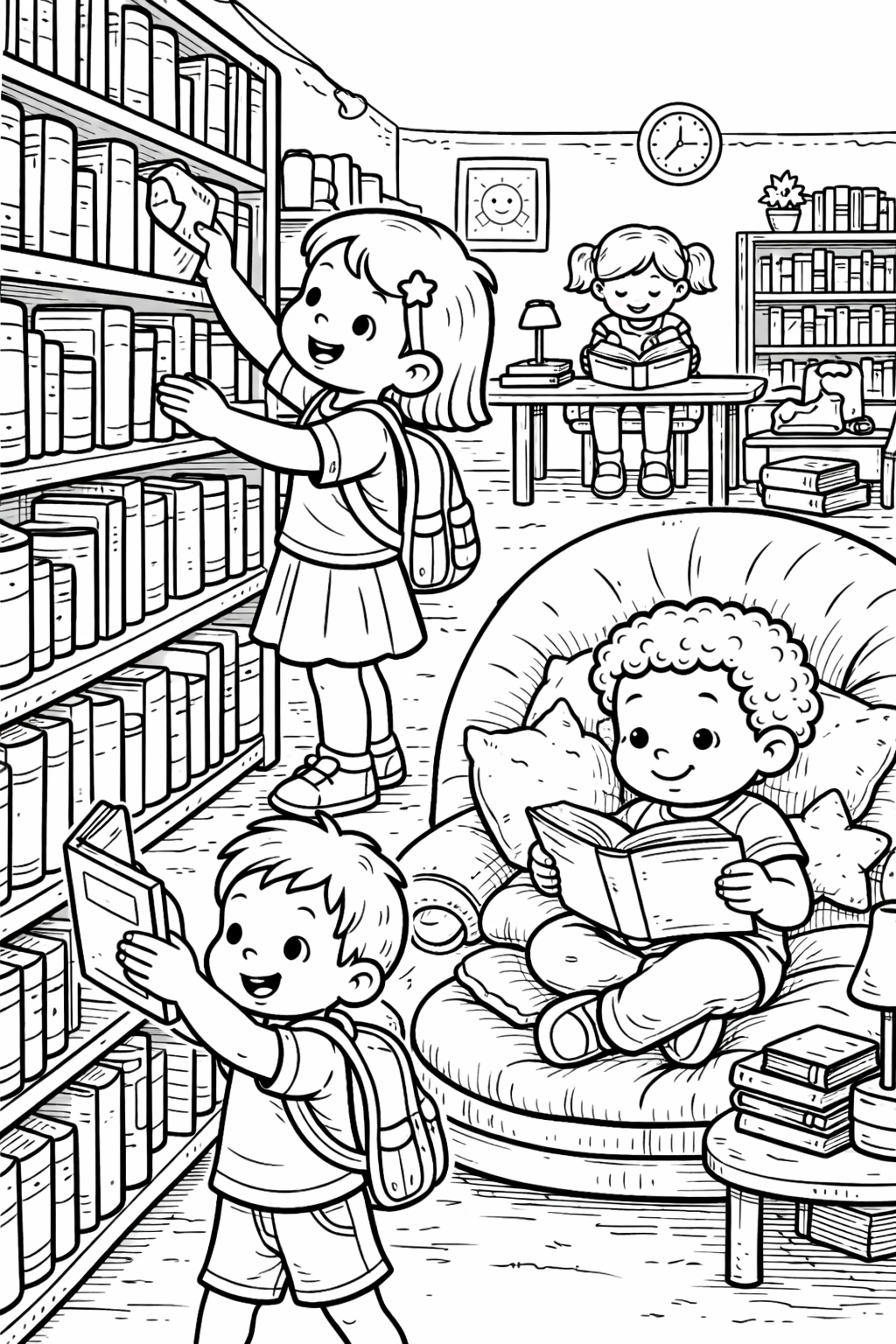 Children reading and selecting books in a library coloring page