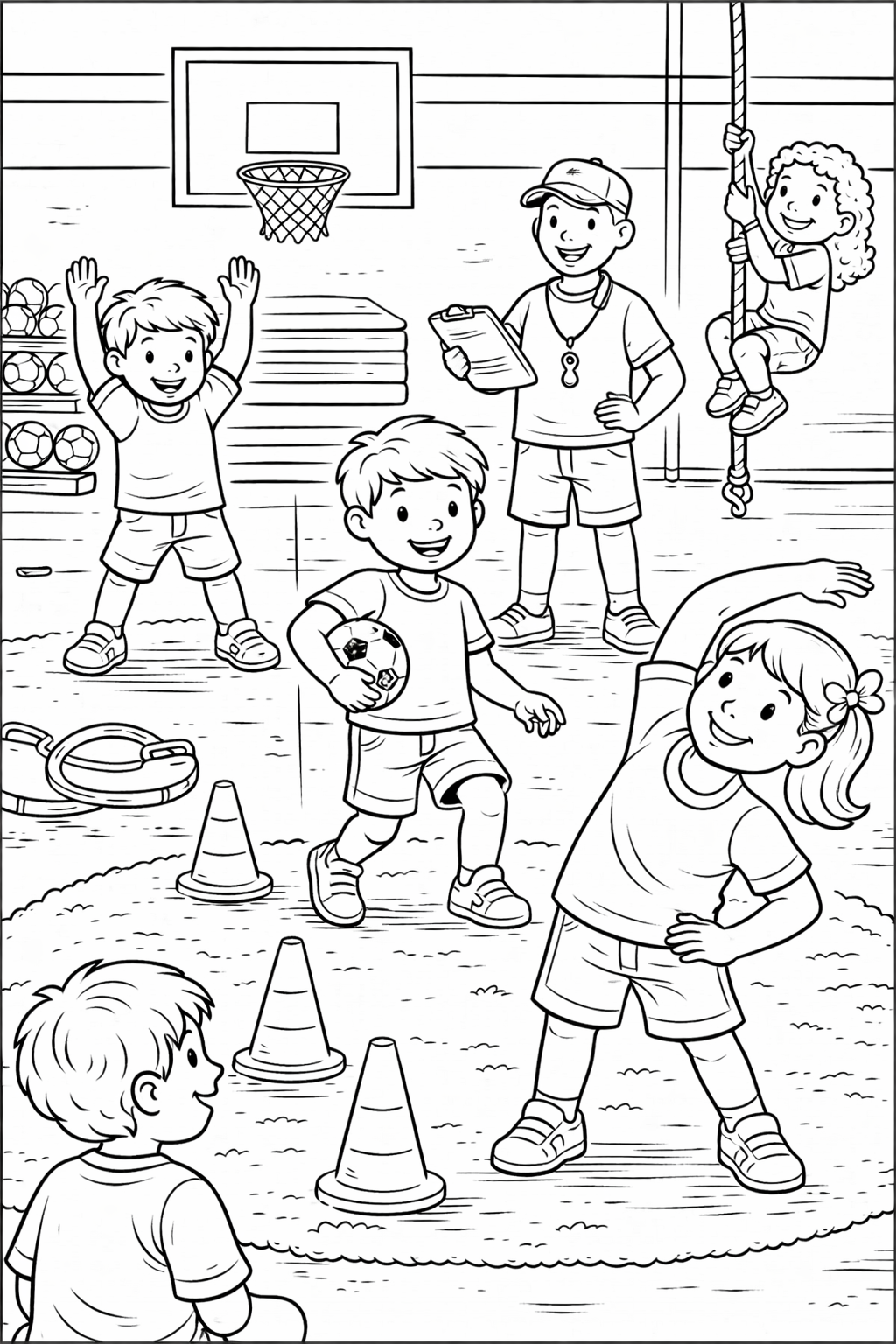 Children playing sports in a gym coloring page