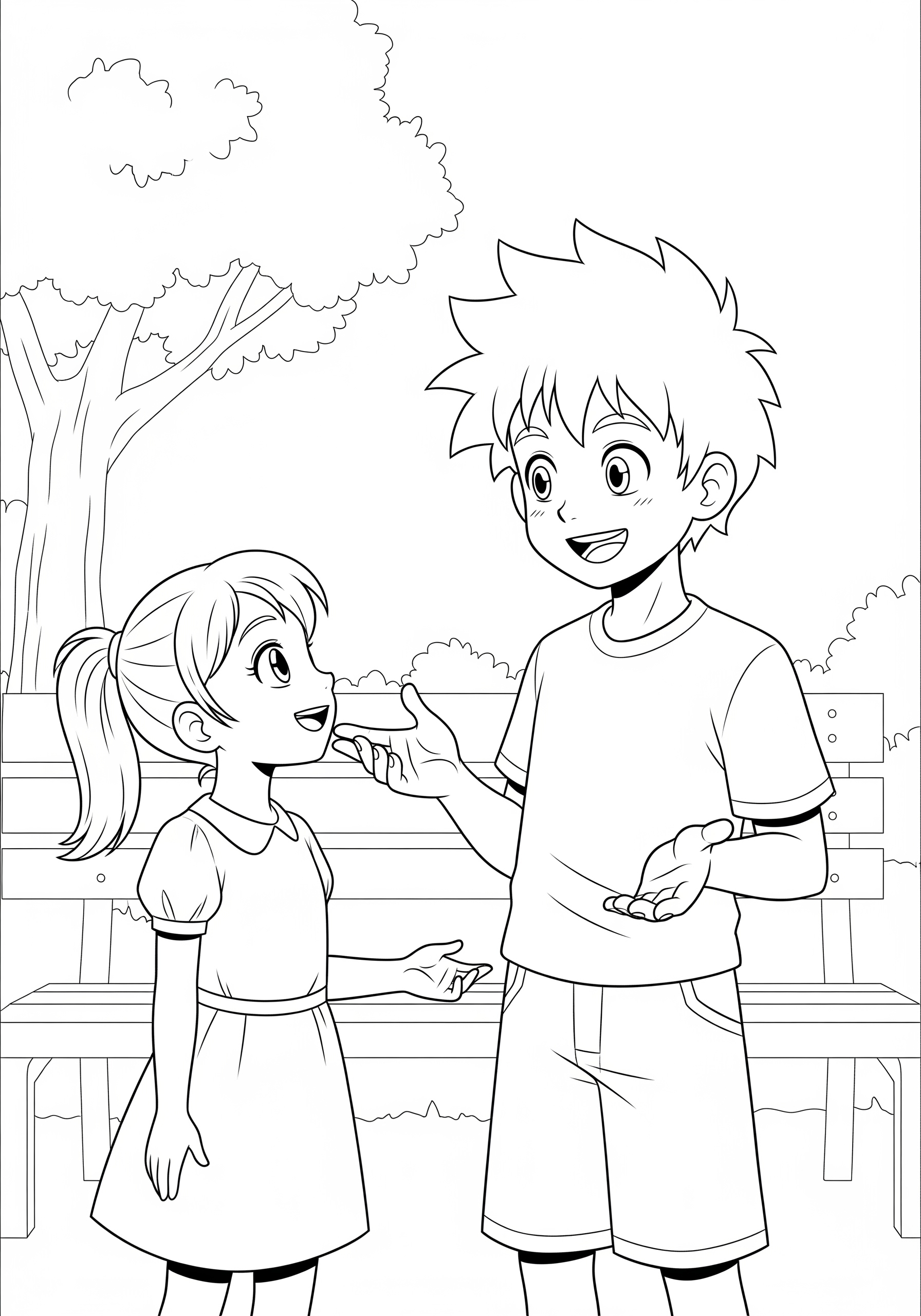 Two children having a conversation in a park, coloring page.