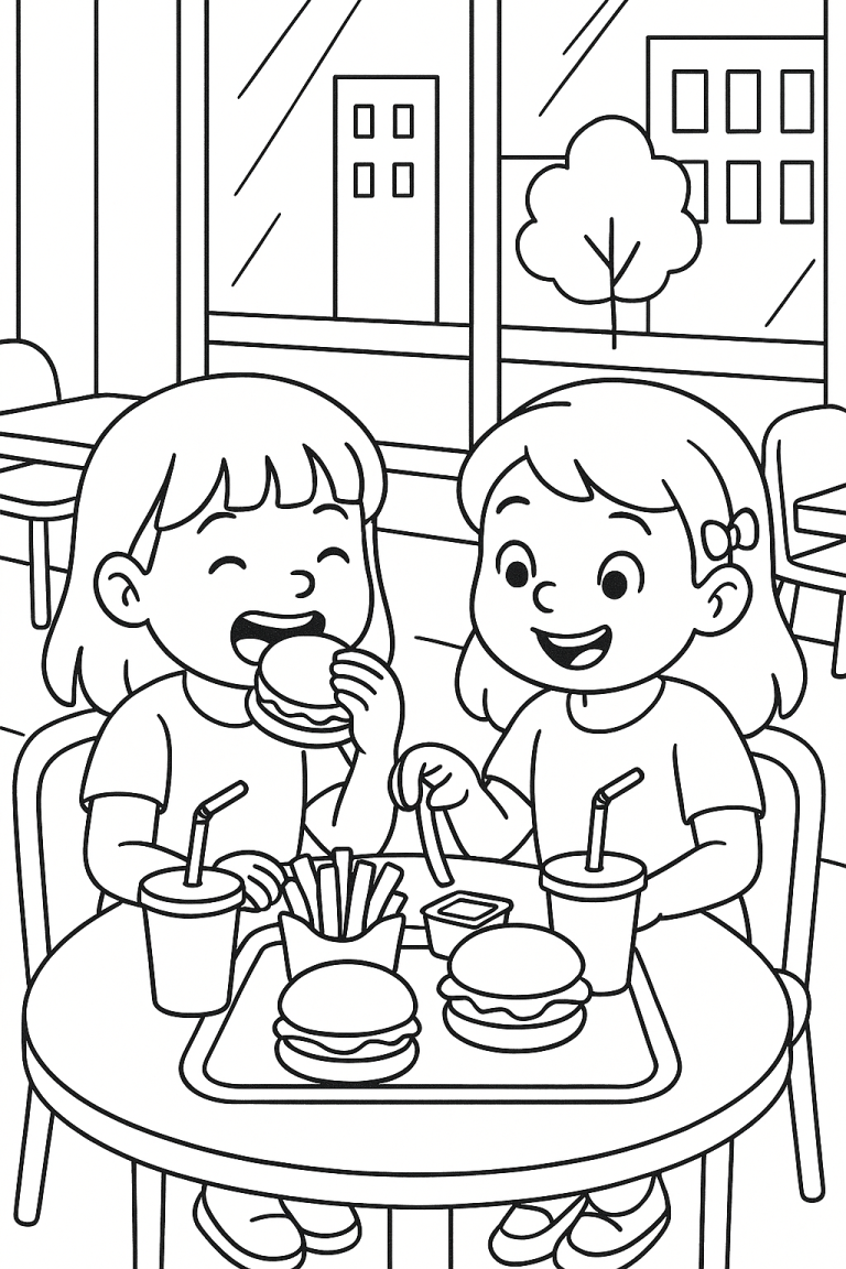 Children enjoying a meal in a cafe coloring page