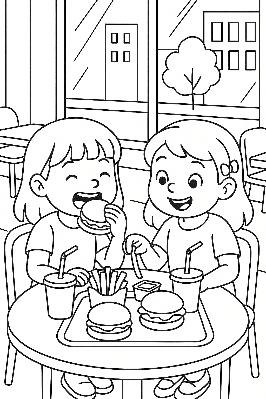 Children enjoying a meal in a cafe coloring page
