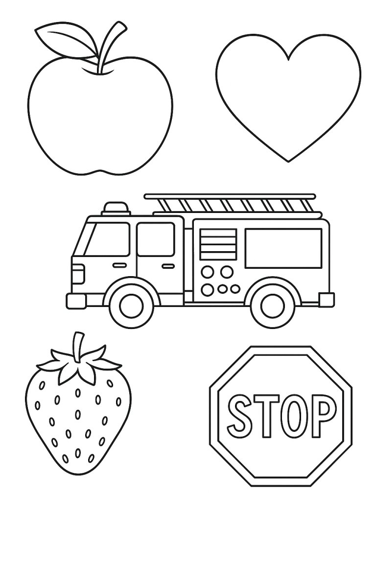 Children's coloring page with fire truck, apple, strawberry, heart, and stop sign