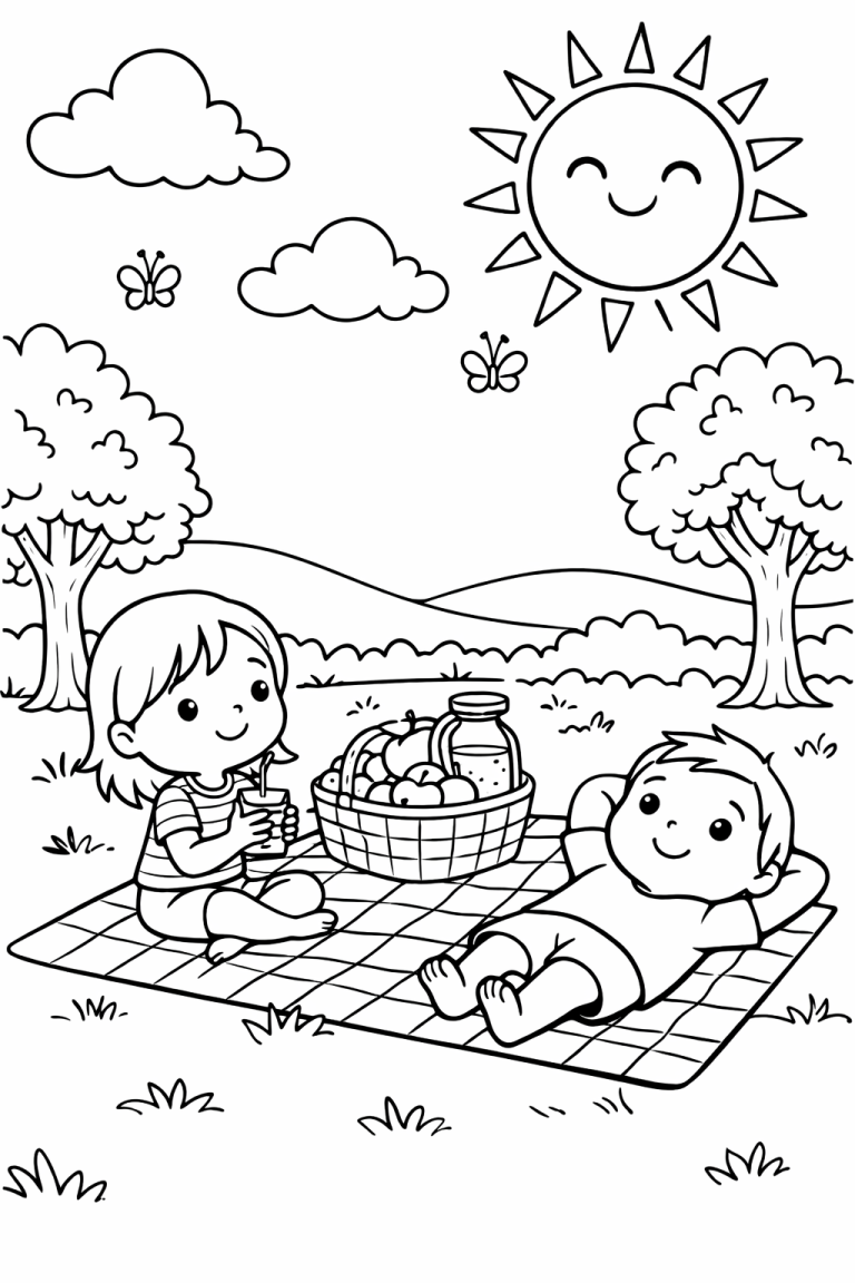 Children enjoying a picnic on a sunny day coloring page