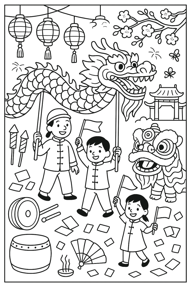 Children celebrating Chinese New Year with dragon and lanterns