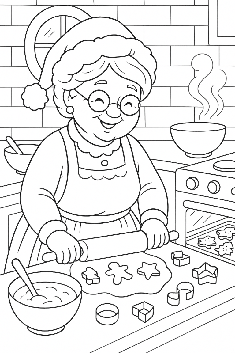 Mrs. Claus baking Christmas cookies in kitchen