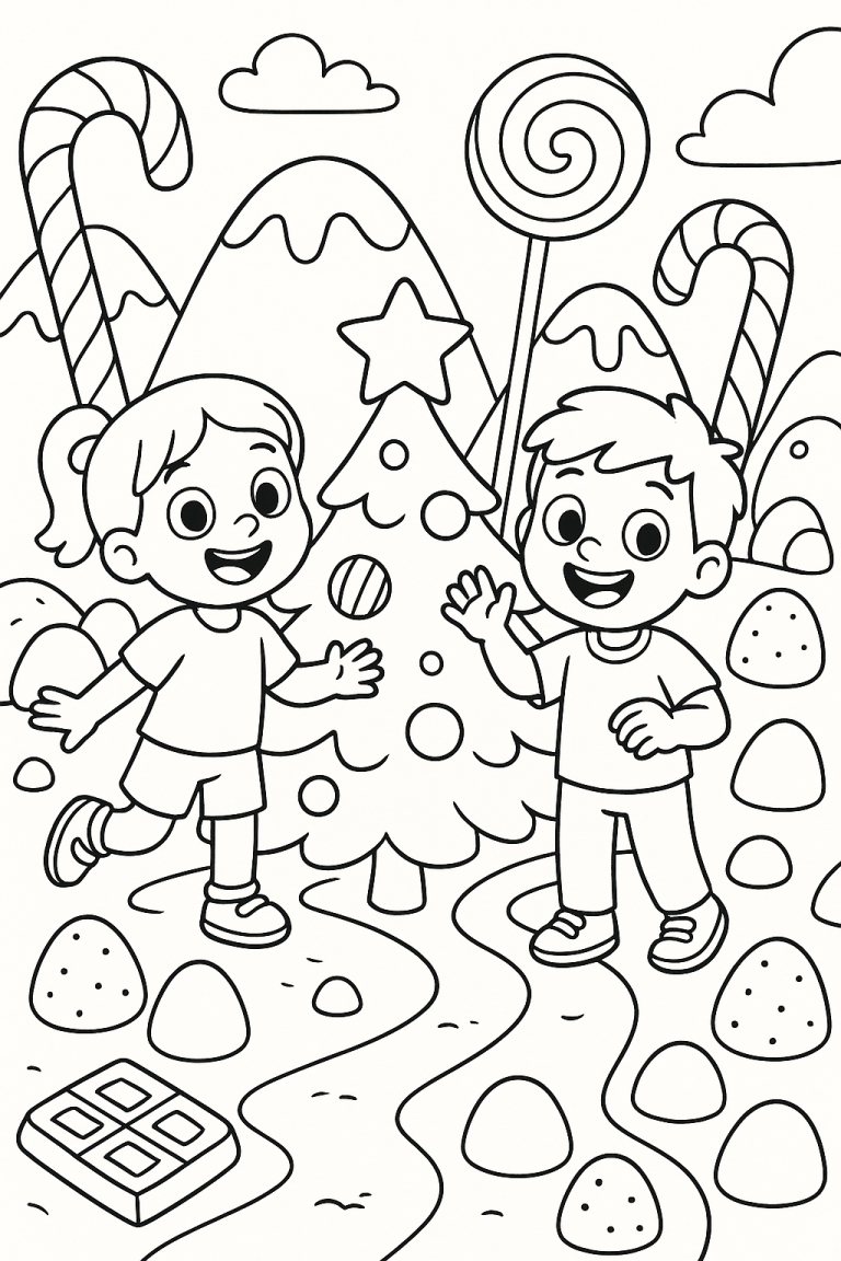 Children in a Christmas candy wonderland coloring page