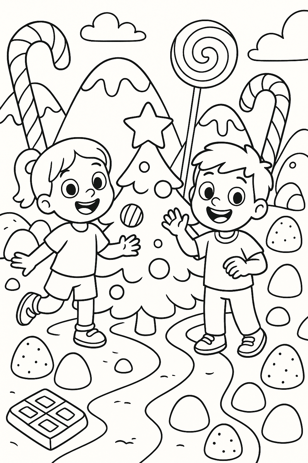 Children in a Christmas candy wonderland coloring page
