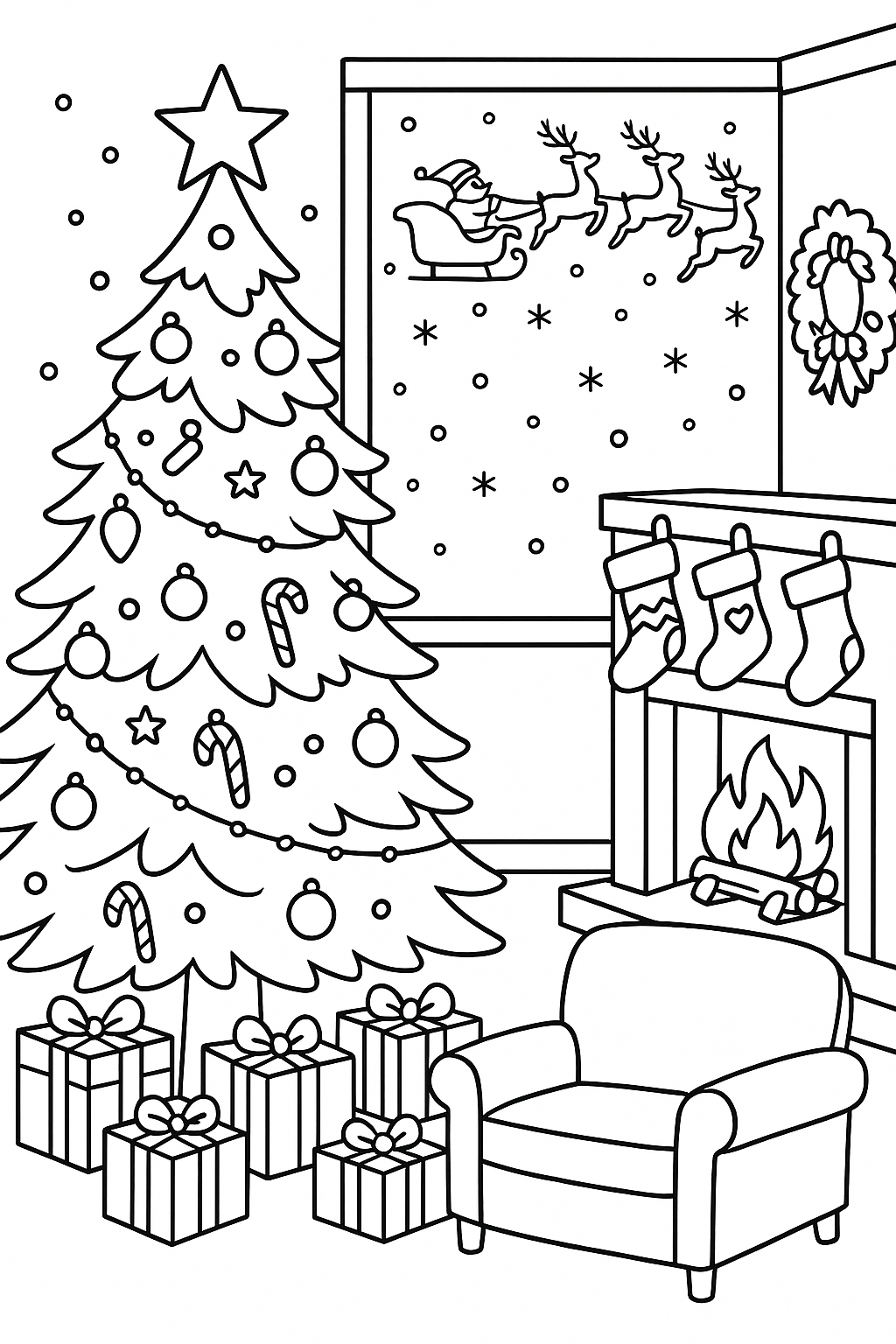 Christmas coloring page with tree and gifts