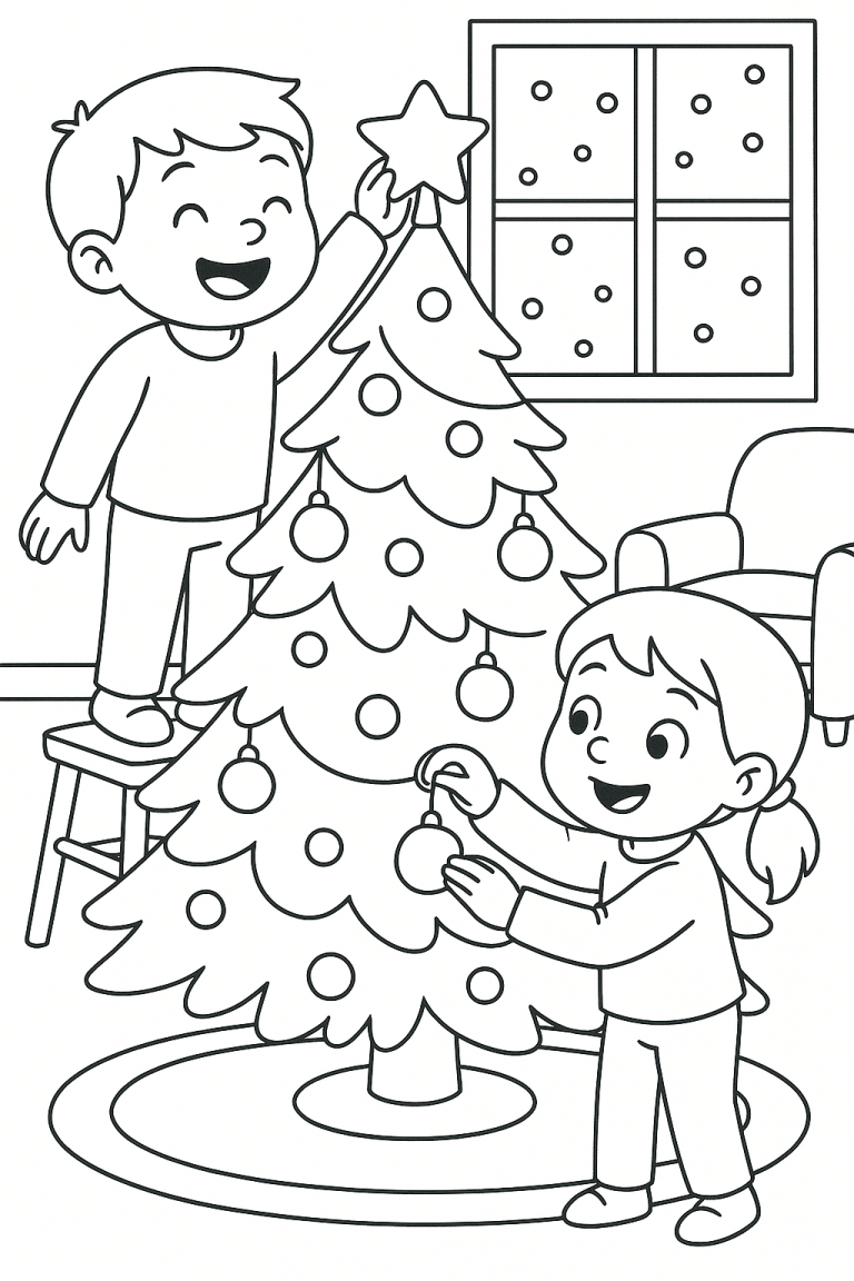 Children decorating a Christmas tree coloring page
