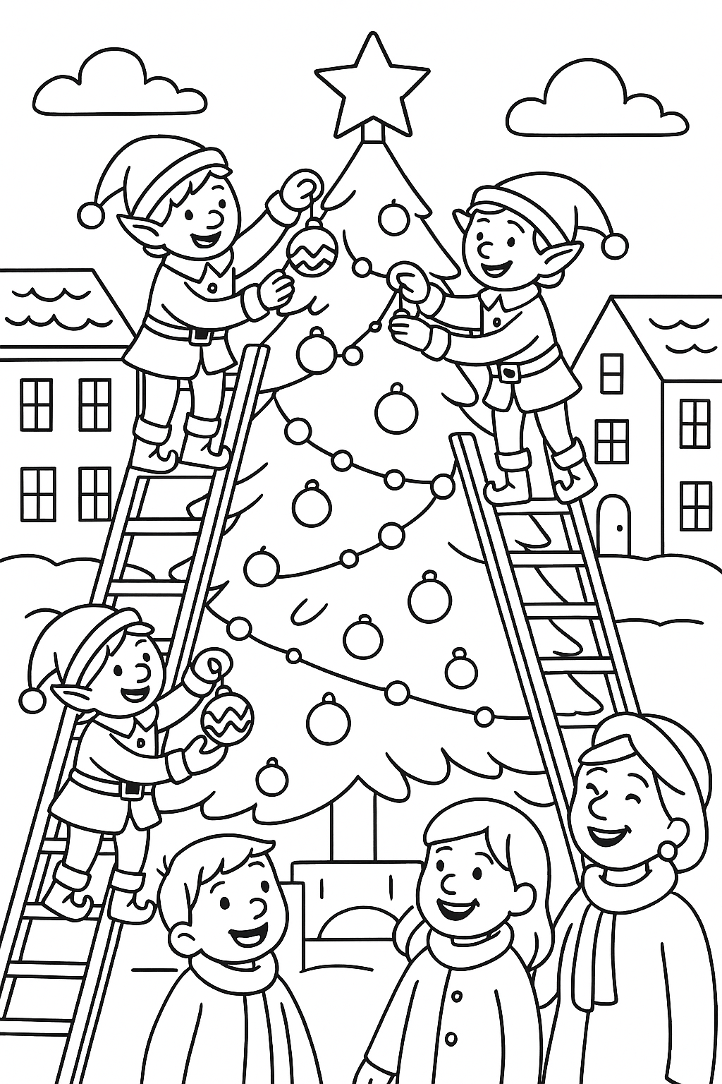 Coloring page of elves decorating a Christmas tree