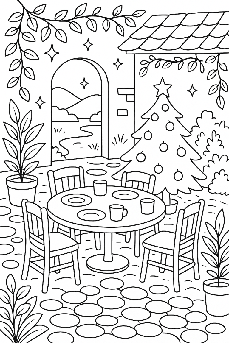 Christmas themed coloring page with tree and table setting
