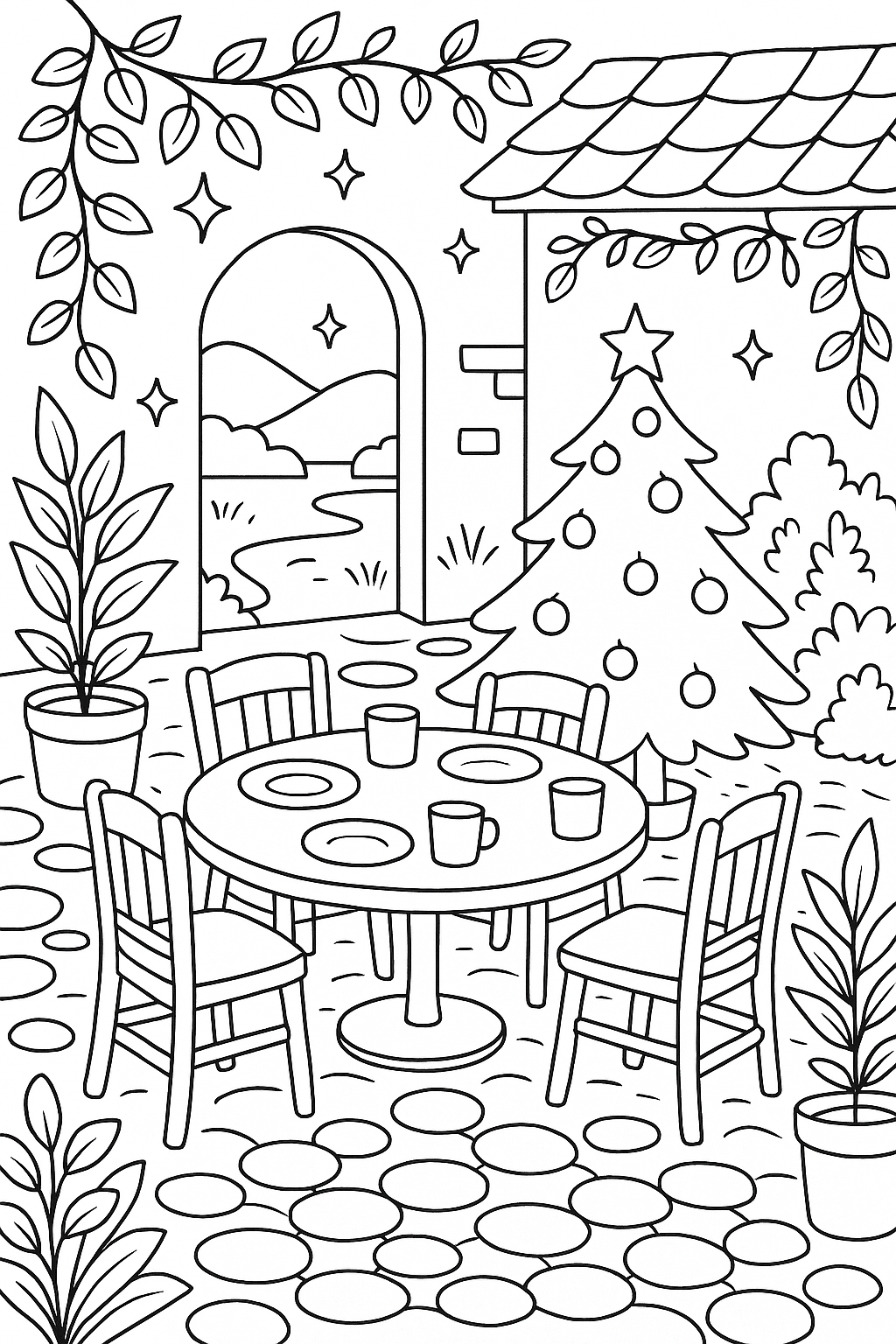 Christmas themed coloring page with tree and table setting