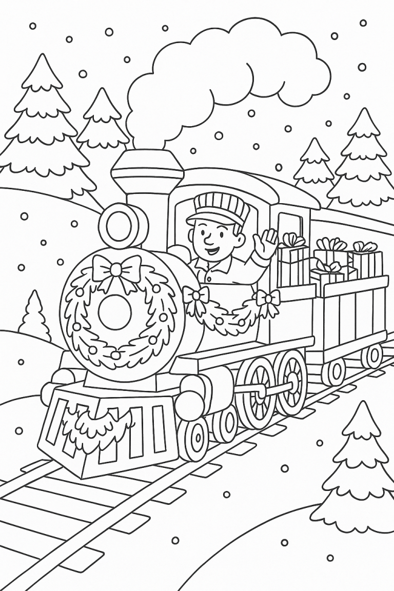 Christmas train with conductor and gifts