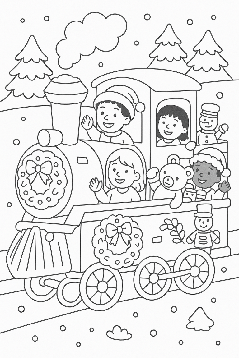 Christmas train with kids and decorations in snow