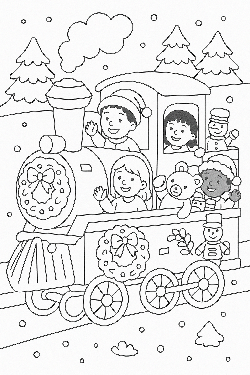 Christmas train with kids and decorations in snow