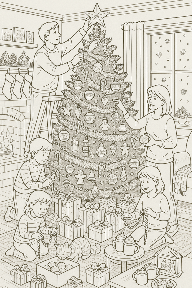 Family decorating a Christmas tree together