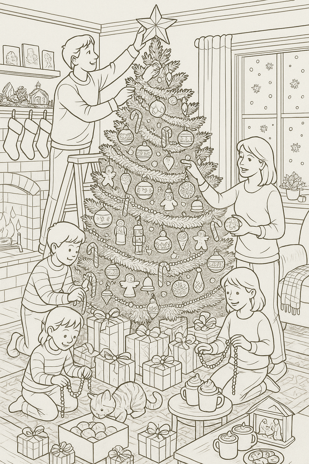 Family decorating a Christmas tree together