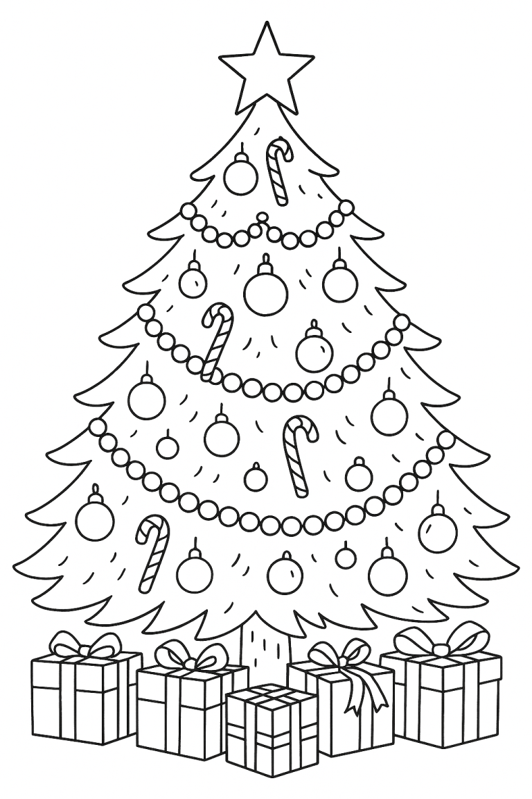 Christmas tree coloring page with decorations and gifts