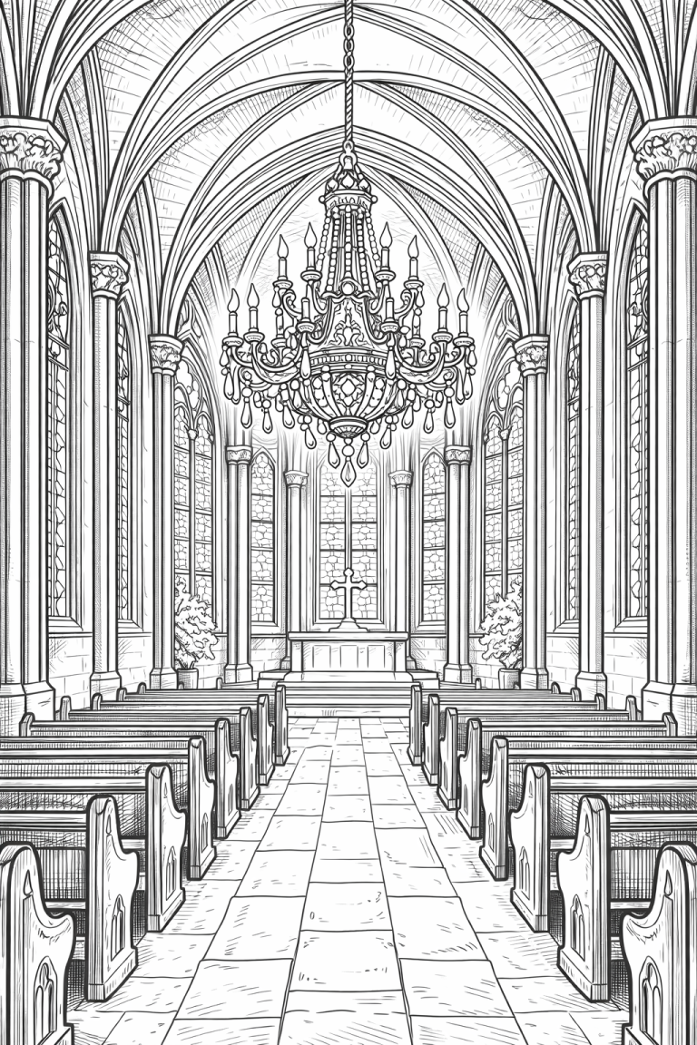 Intricate church interior with pews and chandelier
