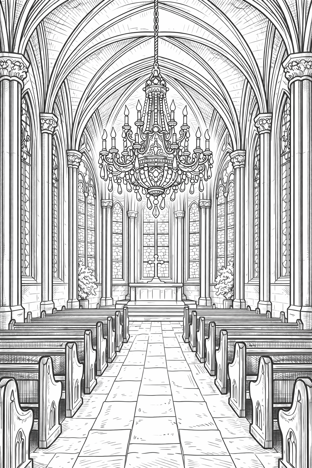 Intricate church interior with pews and chandelier
