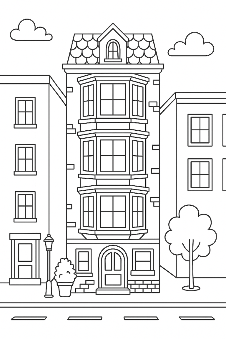 Line drawing of city buildings for coloring