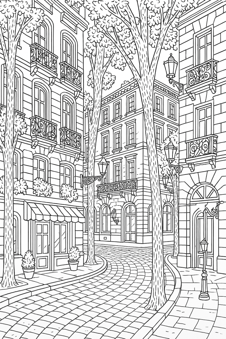 A coloring page of a city street with buildings and trees