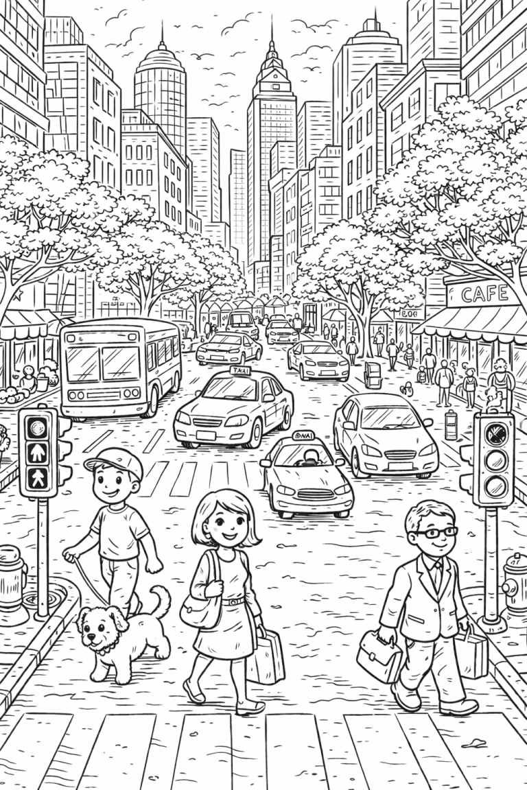 Children and adults on a busy city street crossing