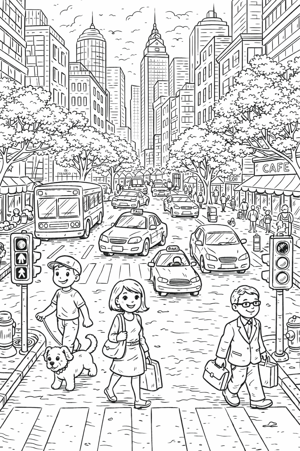 Children and adults on a busy city street crossing