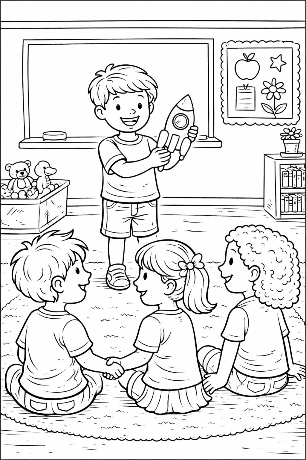 Children in a classroom with a teacher showing a rocket