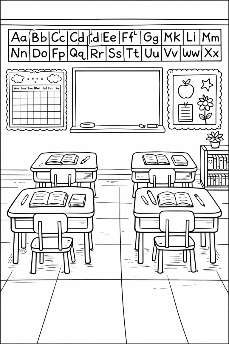 Children's classroom coloring page with desks and board