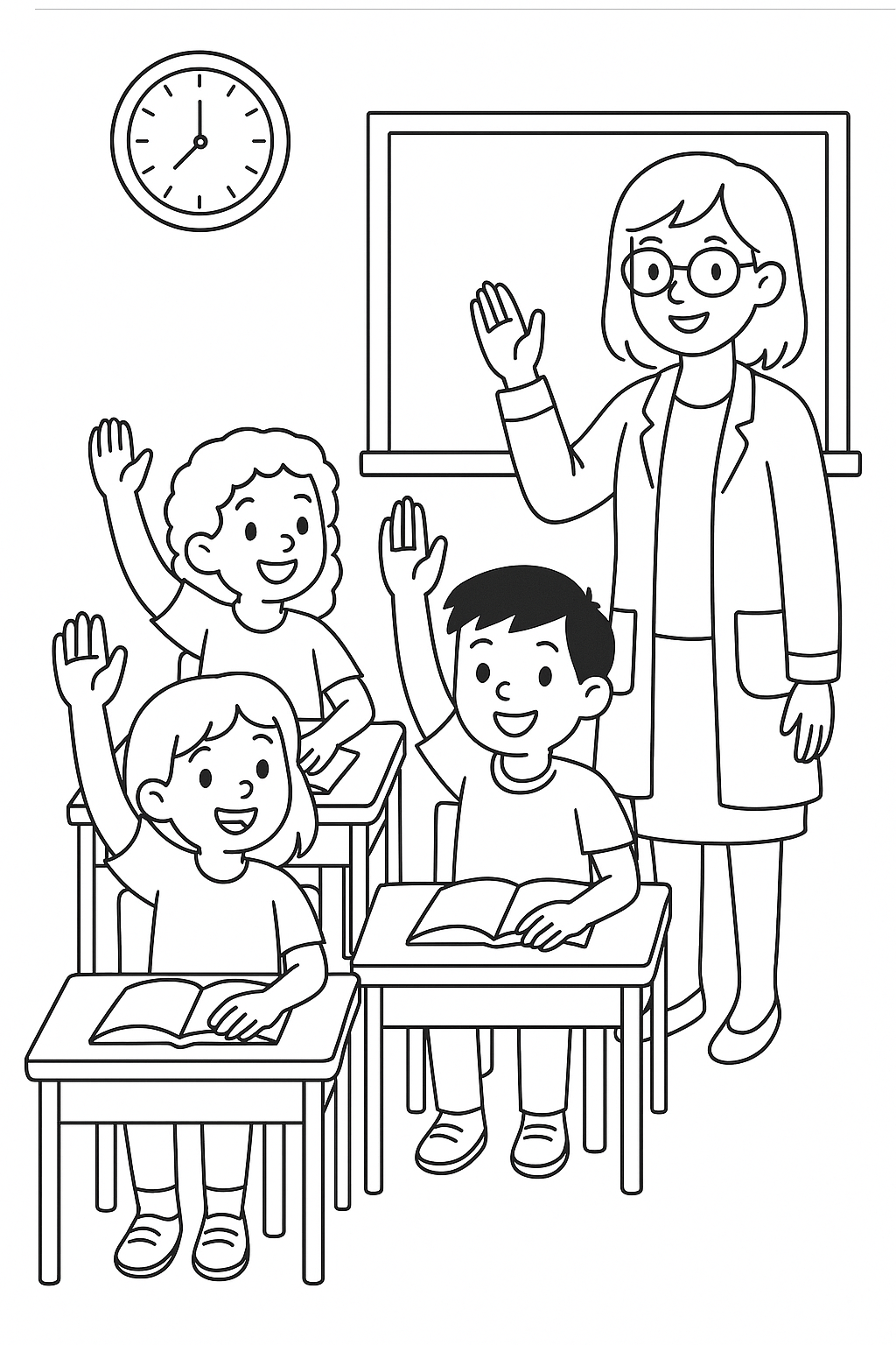 Children in a classroom raising hands with a teacher.