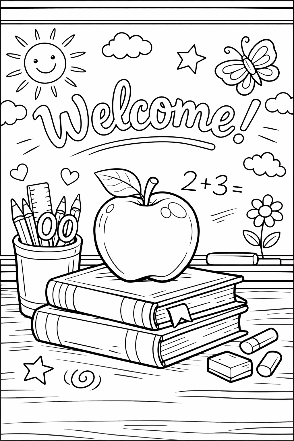 Classroom themed coloring page with apple and books