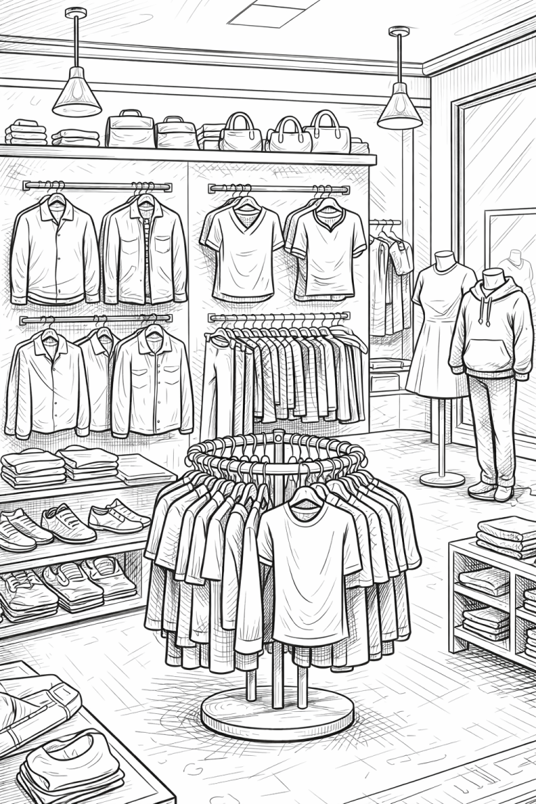 Coloring page of a clothing store interior