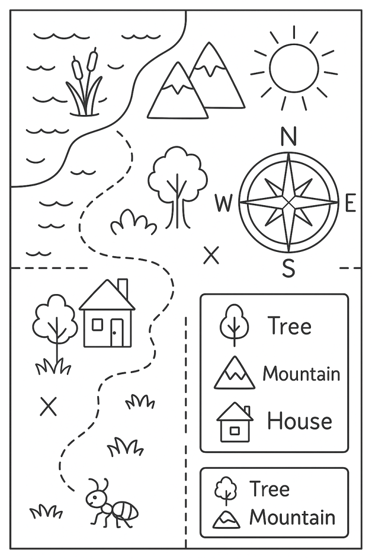 Children's coloring page of a simple map with nature elements.