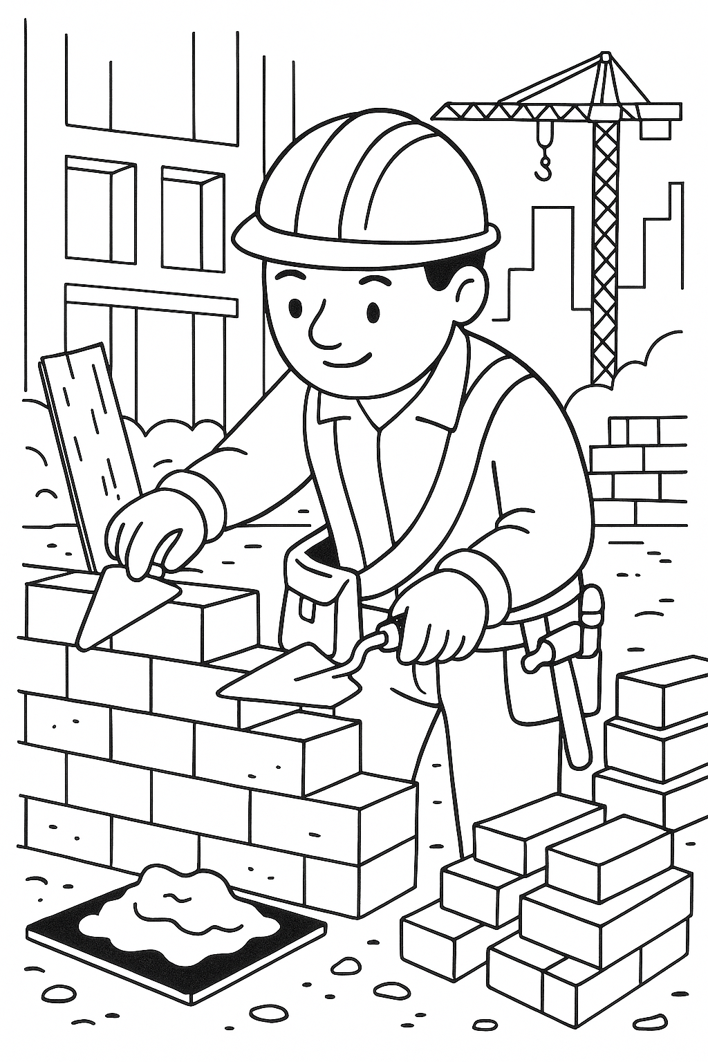 Coloring page of a construction worker building a wall