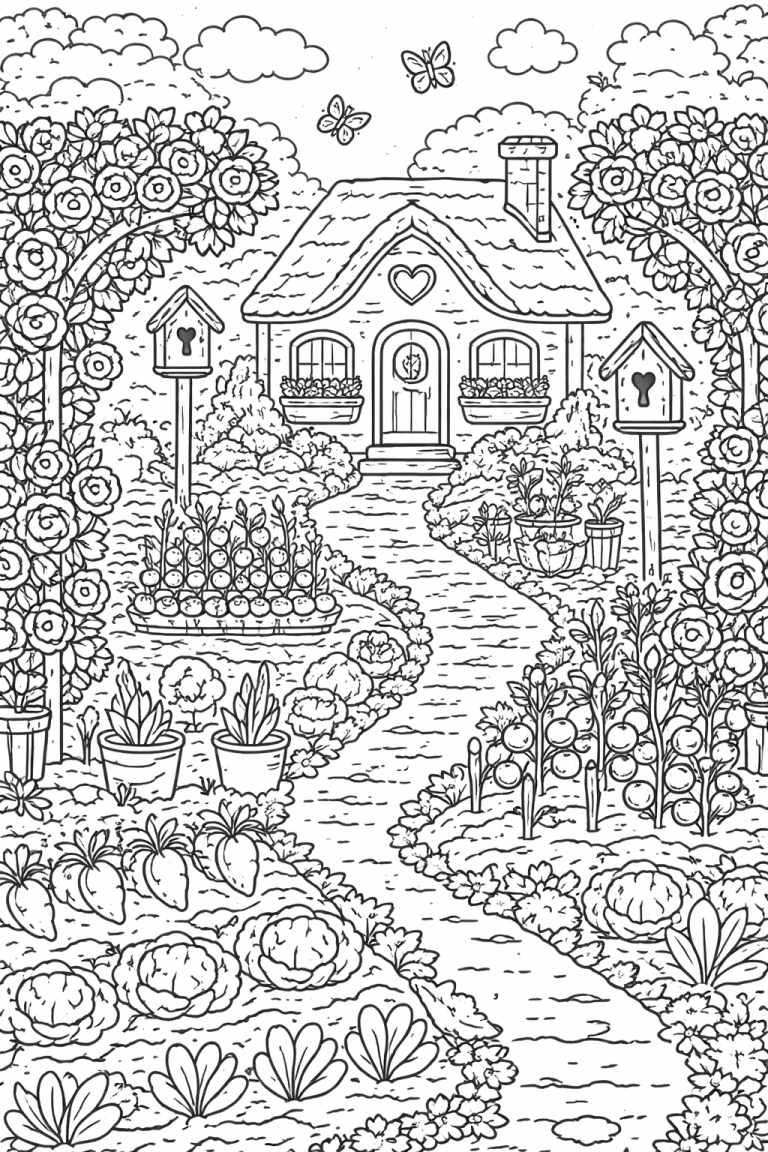 Cottage garden with flowers and vegetables coloring page
