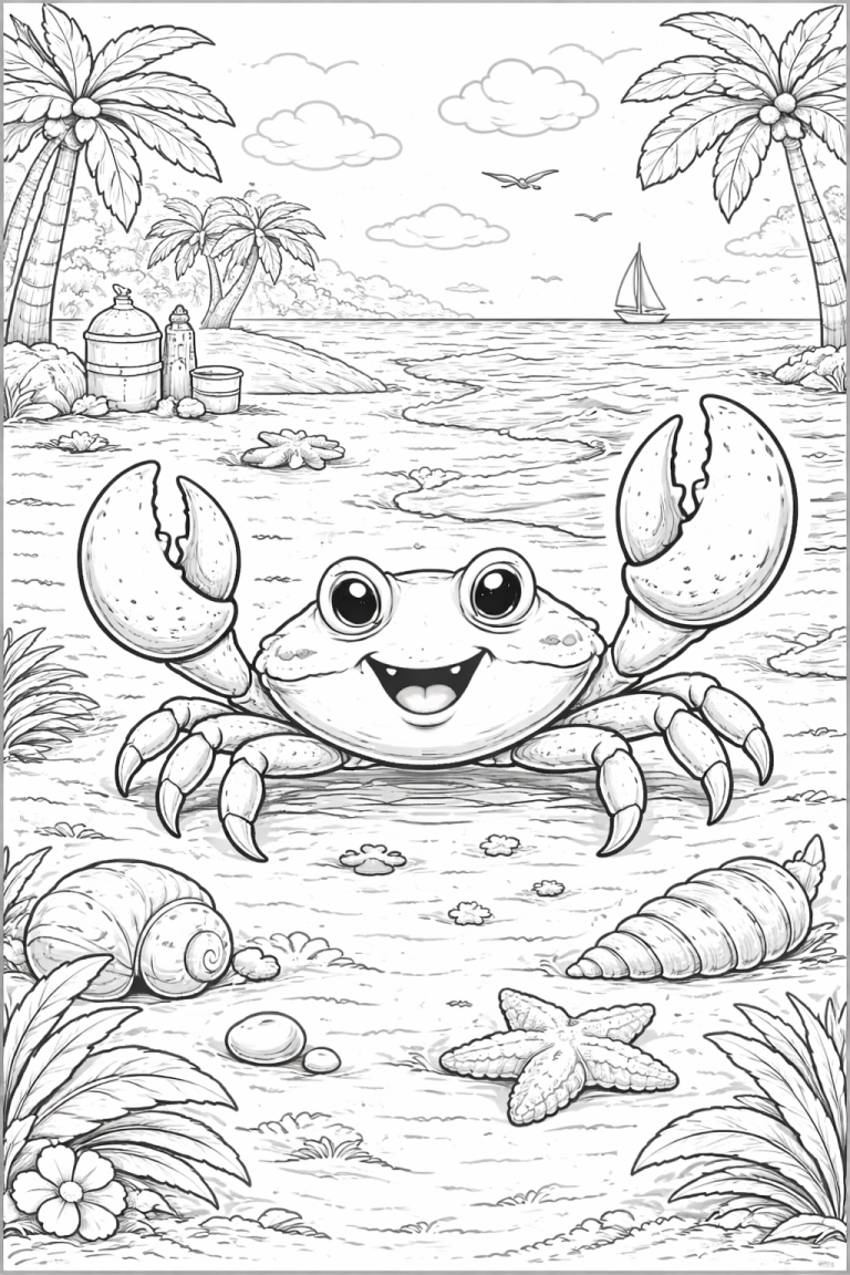 Crab on a beach coloring page for kids