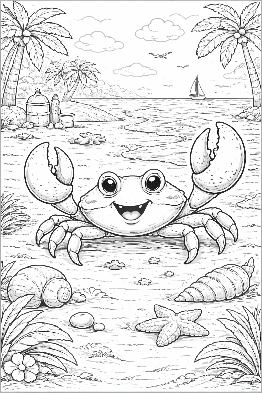 Crab on a beach coloring page for kids