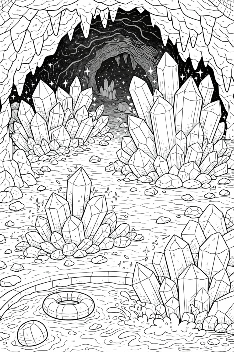 Coloring page of a cave filled with large crystals