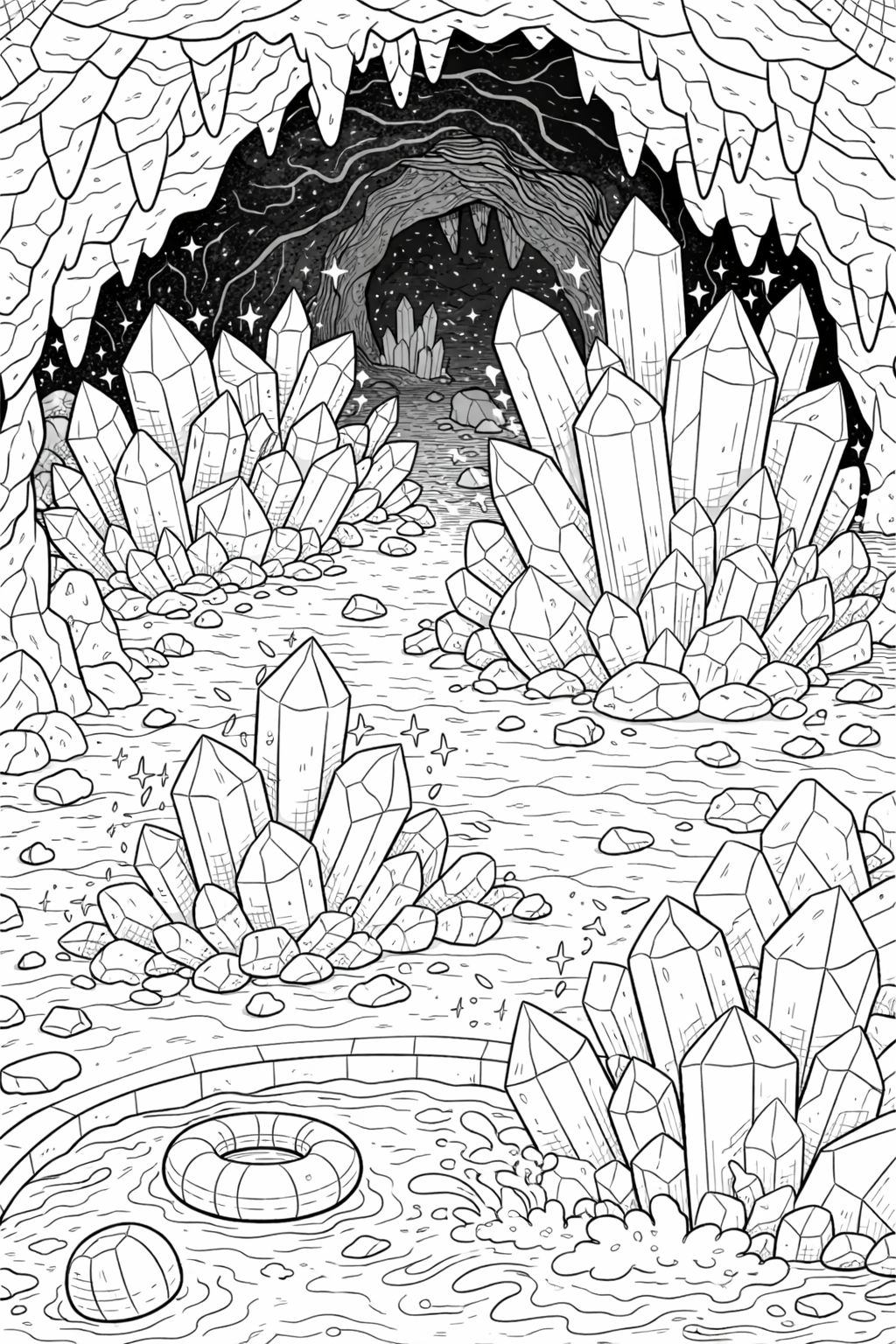 Coloring page of a cave filled with large crystals