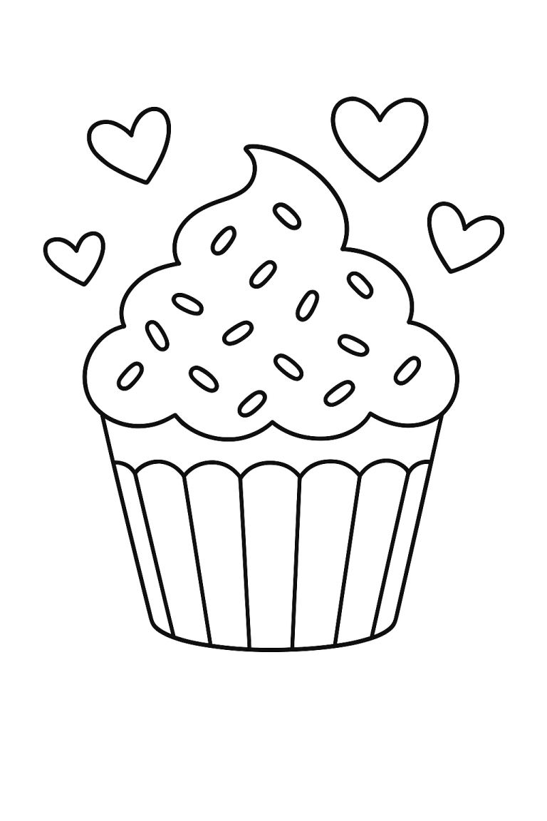 Cupcake coloring page with hearts and sprinkles