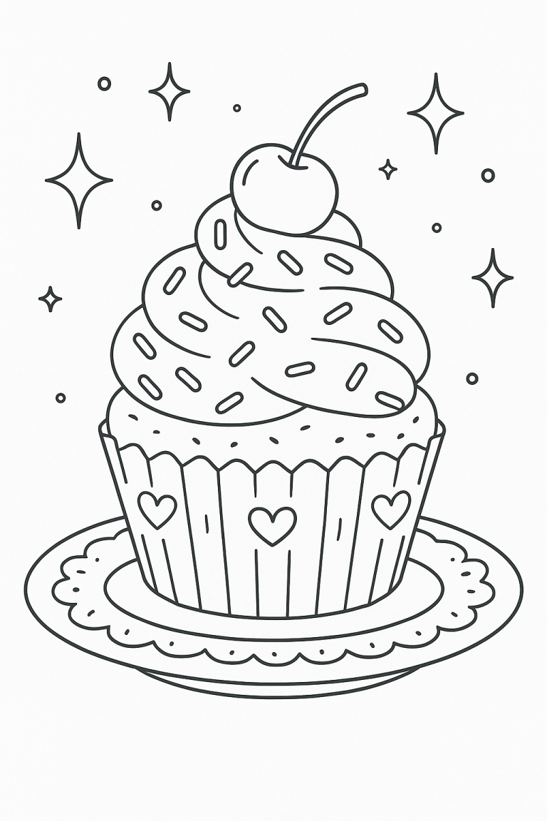 Cupcake coloring page with sprinkles and cherry