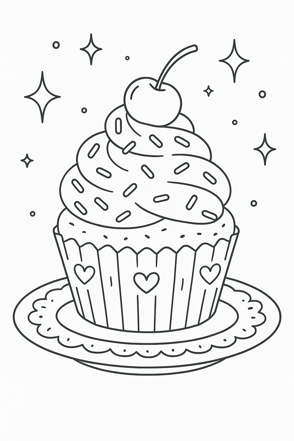 Cupcake coloring page with sprinkles and cherry