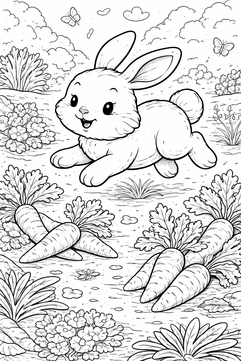 Cute bunny hopping through a grassy meadow with flowers and carrots.