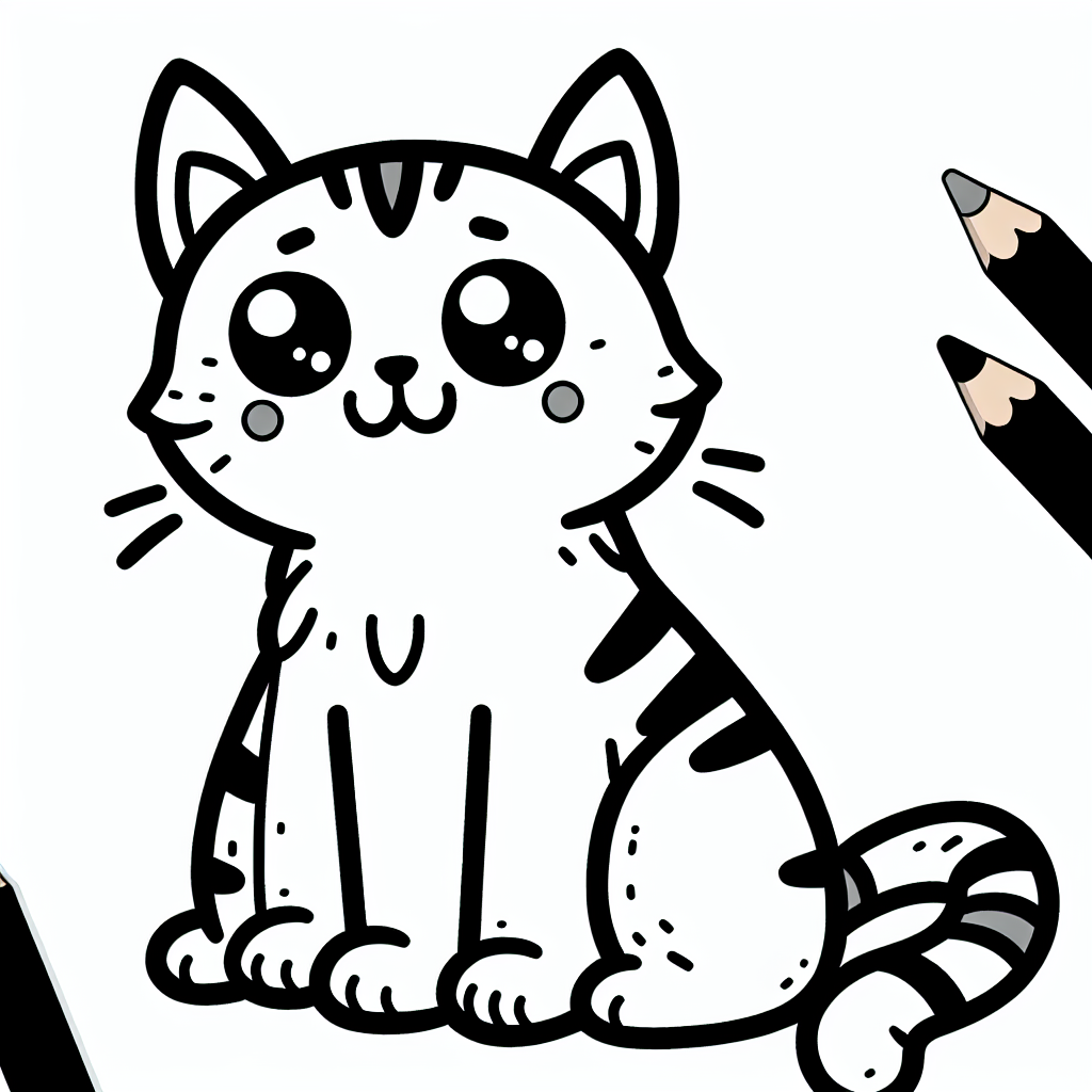 A cute cat coloring page with pencils