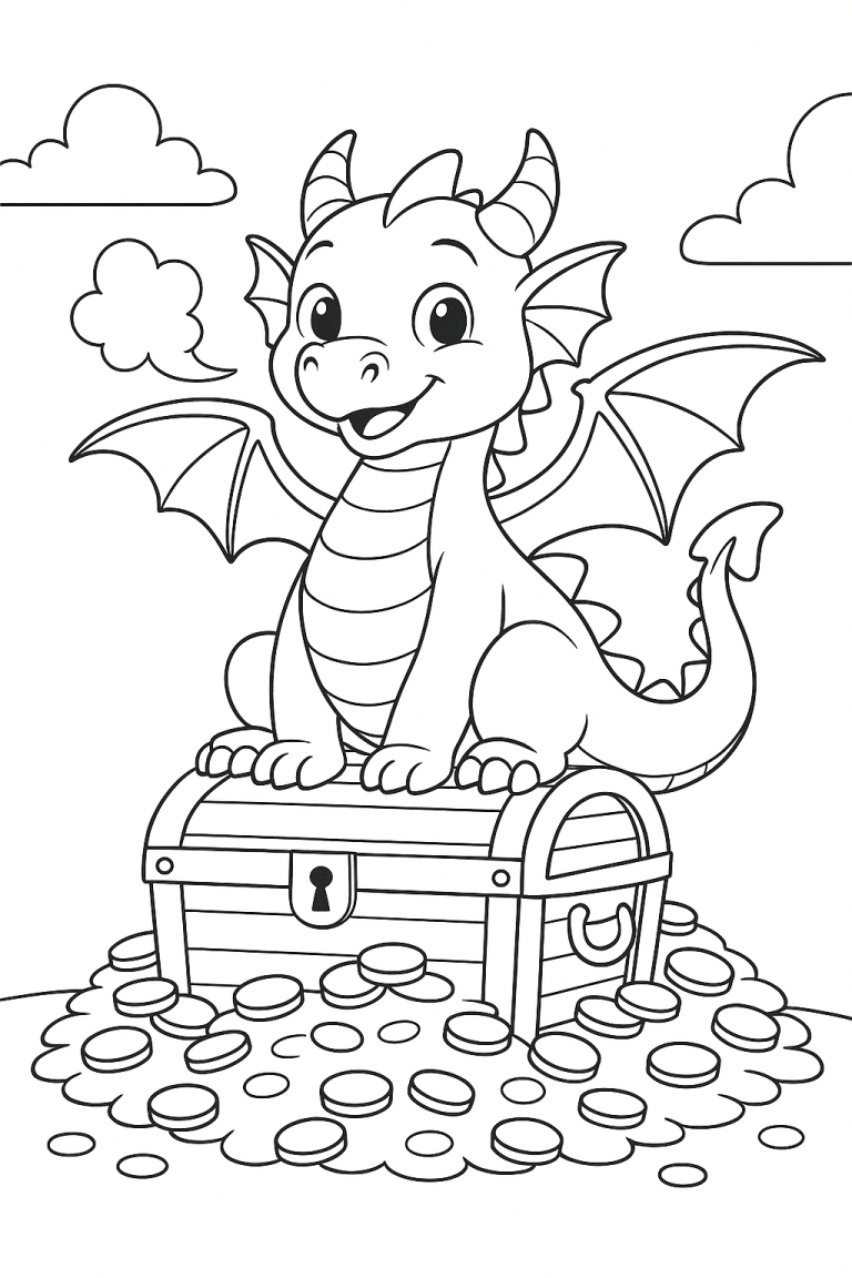 Cute dragon sitting on a treasure chest