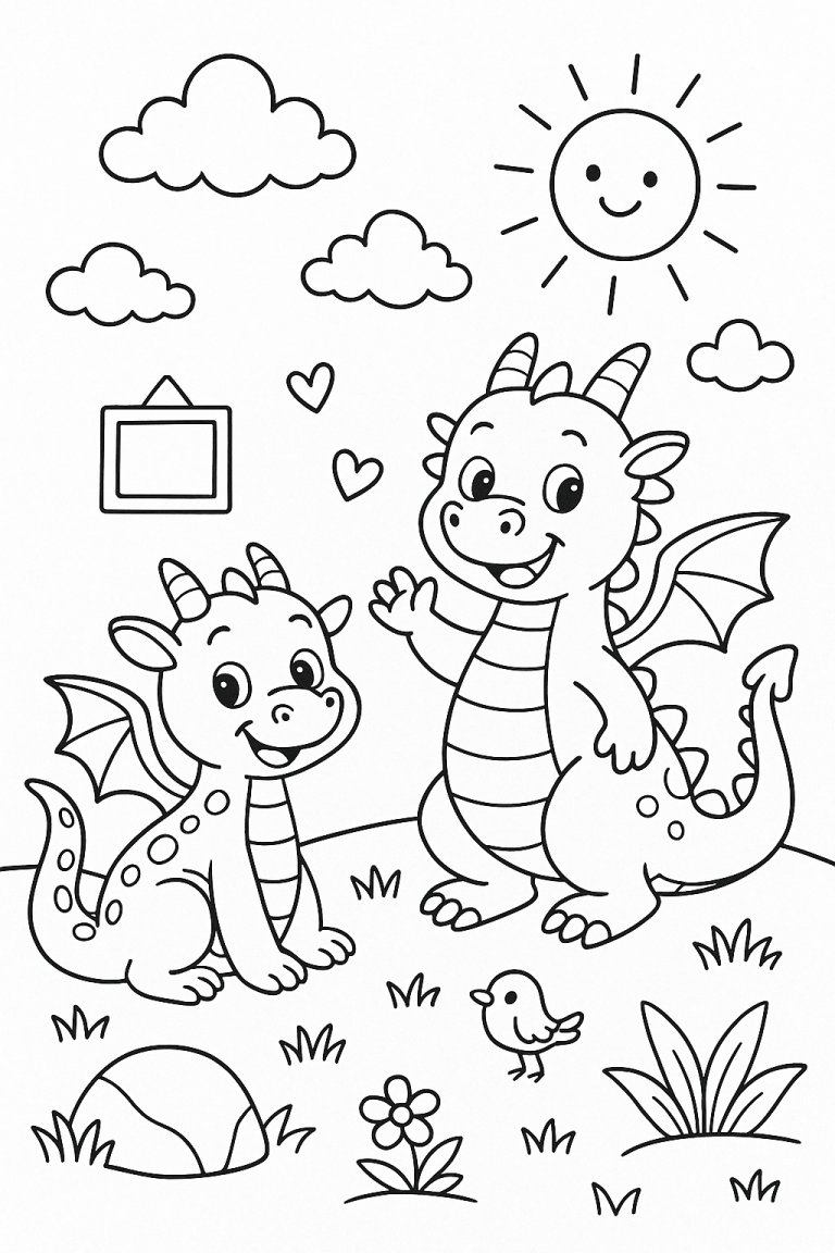 Cute dragon coloring page featuring two dragons and a bird in a sunny setting